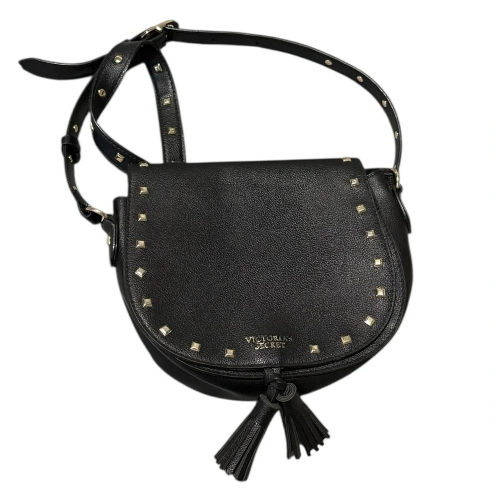 Victoria’s Secret Studded Black Crossbody Tassel fx leather Bag Adjustable Strap